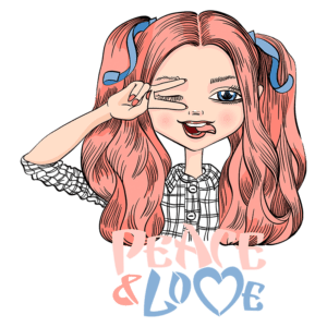 Ilustração de uma garota com cabelo rosa, usando uma camisa xadrez, fazendo um gesto de “paz” com a mão e sorrindo. O texto abaixo diz "PEACE & LOVE". Ideal para temas de positividade e amor.