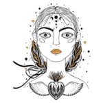 Ilustração de mulher com pele verde, cabelos trançados e expressão intensa, adornada com elementos cósmicos, uma lágrima e um coração com asas. A arte combina temas de espiritualidade e natureza, destacando a conexão com o universo.