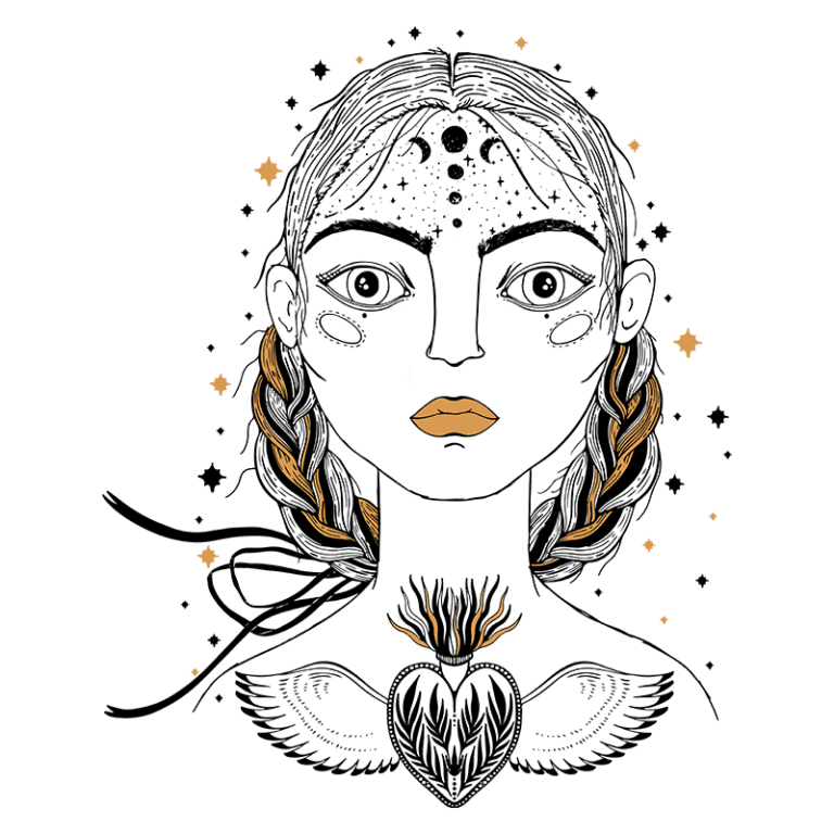 Ilustração de mulher com pele verde, cabelos trançados e expressão intensa, adornada com elementos cósmicos, uma lágrima e um coração com asas. A arte combina temas de espiritualidade e natureza, destacando a conexão com o universo.