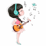 Menina com fones de ouvido tocando violão, rodeada por notas musicais e pássaros, em um estilo artístico e colorido, expressando alegria e paixão pela música.