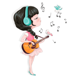 Menina com fones de ouvido tocando violão, rodeada por notas musicais e pássaros, em um estilo artístico e colorido, expressando alegria e paixão pela música.
