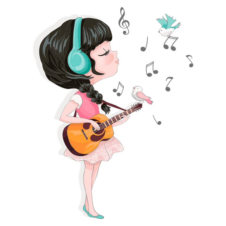 Menina com fones de ouvido tocando violão, rodeada por notas musicais e pássaros, em um estilo artístico e colorido, expressando alegria e paixão pela música.