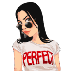 Ilustração de uma mulher com cabelo longo e liso, usando óculos escuros e uma camiseta branca com a palavra "PERFECT" em vermelho. A imagem transmite uma atitude confiante e moderna.