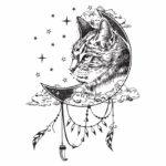 Ilustração de um gato estilizado dentro de uma lua crescente, rodeado por nuvens e estrelas, com elementos decorativos como penas e um pendente. Ideal para amantes de gatos e arte mística.