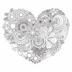 Desenho de um coração formado por padrões intricados de flores e folhas, com detalhes em espiral e texturas variadas, em um fundo verde. Ideal para temas de amor e natureza.