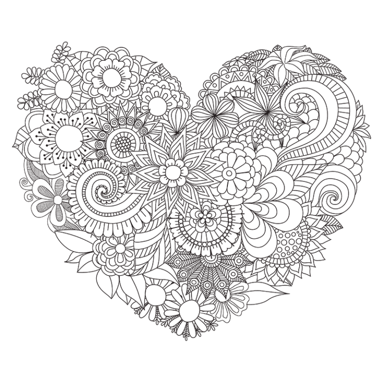 Desenho de um coração formado por padrões intricados de flores e folhas, com detalhes em espiral e texturas variadas, em um fundo verde. Ideal para temas de amor e natureza.