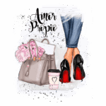 Ilustração de uma bolsa elegante cinza com flores rosa, ao lado de um copo de café decorado e um par de sapatos de salto alto pretos com solado vermelho. Texto "Amor Próprio" destacado na parte superior.