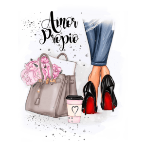 Ilustração de uma bolsa elegante cinza com flores rosa, ao lado de um copo de café decorado e um par de sapatos de salto alto pretos com solado vermelho. Texto "Amor Próprio" destacado na parte superior.