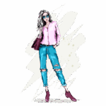 Ilustração de uma mulher estilosa com cabelo ondulado, usando uma camisa rosa, calças jeans rasgadas e óculos de sol. Ela segura uma bolsa roxa e exibe um look moderno e descontraído. Fundo com elementos gráficos.