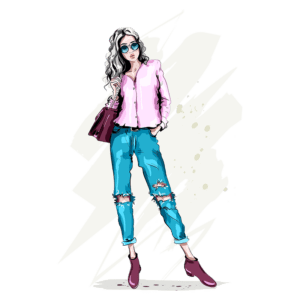 Ilustração de uma mulher estilosa com cabelo ondulado, usando uma camisa rosa, calças jeans rasgadas e óculos de sol. Ela segura uma bolsa roxa e exibe um look moderno e descontraído. Fundo com elementos gráficos.