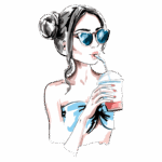 Ilustração de uma mulher com óculos de sol, bebendo um smoothie. Ela usa um top azul e tem cabelo preso em um coque. Ideal para temas de verão e estilo de vida saudável.
