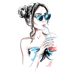 Ilustração de uma mulher com óculos de sol, bebendo um smoothie. Ela usa um top azul e tem cabelo preso em um coque. Ideal para temas de verão e estilo de vida saudável.