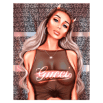 Imagem artística de uma mulher com cabelo longo e liso, vestindo uma blusa marrom com o logo da Gucci em destaque. O fundo apresenta padrões que incluem o logo da marca, conferindo um estilo moderno e sofisticado à composição.