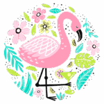 Flamingo rosa segurando um coquetel em um ambiente tropical cercado por flores coloridas e folhas verdes.