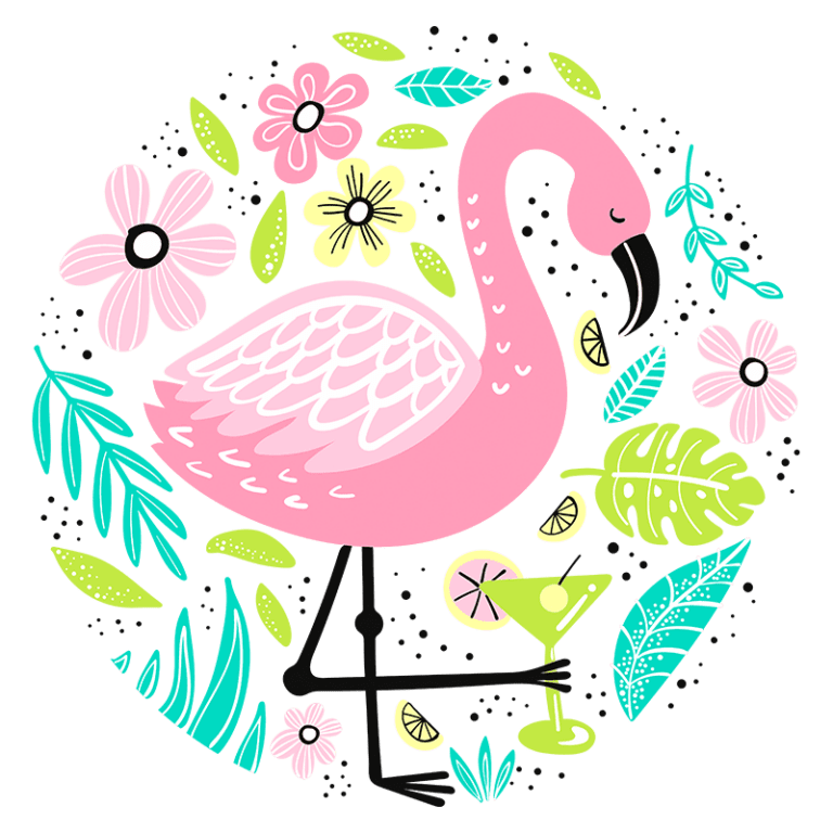 Flamingo rosa segurando um coquetel em um ambiente tropical cercado por flores coloridas e folhas verdes.