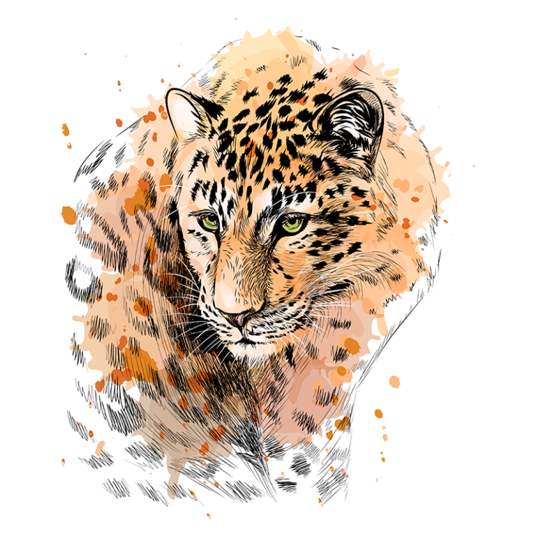 Ilustração detalhada de um leopardo com pelagem manchada em tons de laranja e preto, destacando seus olhos verdes. A arte combina traços realistas e elementos abstratos, criando um efeito visual impactante.