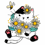 Gato fofo com flores margaridas, cercado por folhas verdes e uma abelha, representando um tema alegre e vibrante.