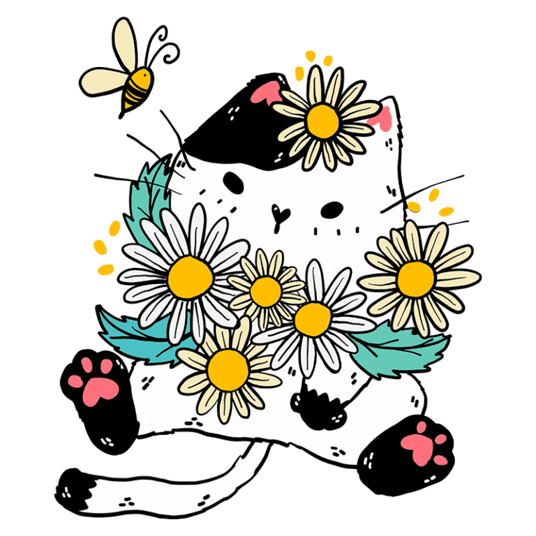 Gato fofo com flores margaridas, cercado por folhas verdes e uma abelha, representando um tema alegre e vibrante.