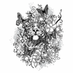 Ilustração de um tigre em meio a flores e borboletas, destacando elementos da natureza em um design artístico e detalhado. Ideal para temas de fauna e flora, bem como para decoração e arte gráfica.