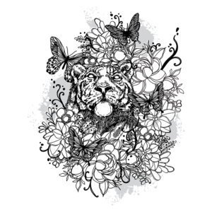 Ilustração de um tigre em meio a flores e borboletas, destacando elementos da natureza em um design artístico e detalhado. Ideal para temas de fauna e flora, bem como para decoração e arte gráfica.