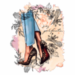 Ilustração de um par de pernas usando calças jeans desfiadas e sapatos de salto alto com estampa de oncinha, rodeadas por flores e a frase "soy perfecta".