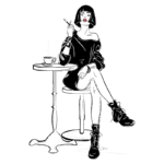 Ilustração de uma mulher estilosa sentada em uma cadeira, usando um vestido preto e tênis, segurando um cigarro e com uma xícara de café em uma mesa ao lado. O fundo verde destaca sua expressão confiante e estilo moderno.