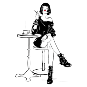 Ilustração de uma mulher estilosa sentada em uma cadeira, usando um vestido preto e tênis, segurando um cigarro e com uma xícara de café em uma mesa ao lado. O fundo verde destaca sua expressão confiante e estilo moderno.