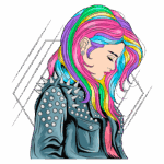 Imagem de uma jovem com cabelos coloridos em estilo ousado, usando uma jaqueta de couro com spikes, ideal para representações de moda alternativa e expressões de individualidade.