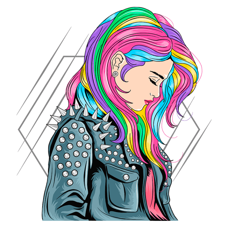Imagem de uma jovem com cabelos coloridos em estilo ousado, usando uma jaqueta de couro com spikes, ideal para representações de moda alternativa e expressões de individualidade.