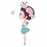Ilustração de uma jovem mulher com vestido verde e bolinhas, usando óculos e com flores na cabeça. Ela segura um buquê de flores e observa uma borboleta. O fundo é transparente, destacando a figura.