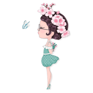 Ilustração de uma jovem mulher com vestido verde e bolinhas, usando óculos e com flores na cabeça. Ela segura um buquê de flores e observa uma borboleta. O fundo é transparente, destacando a figura.