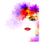 Arte digital vibrante que retrata um rosto feminino, adornado com flores coloridas e texturas abstratas em tons de rosa, roxo e amarelo, simbolizando beleza e criatividade.