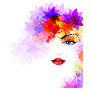 Arte digital vibrante que retrata um rosto feminino, adornado com flores coloridas e texturas abstratas em tons de rosa, roxo e amarelo, simbolizando beleza e criatividade.