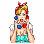 Mulher loira com lenço vermelho e branco, segurando dois telefones, um azul e um vermelho, com expressão surpresa e animada, vestindo um vestido com estampa de corações.