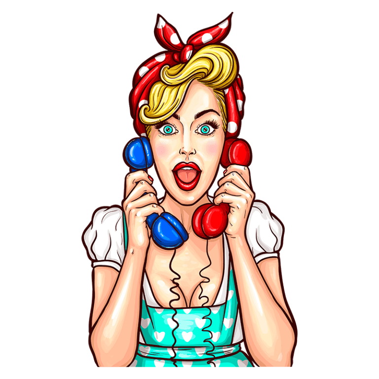 Mulher loira com lenço vermelho e branco, segurando dois telefones, um azul e um vermelho, com expressão surpresa e animada, vestindo um vestido com estampa de corações.