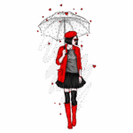 Ilustração de uma mulher estilosa com guarda-chuva branco e poás, vestindo um blazer vermelho, camiseta cinza e saia preta. Ela usa botas vermelhas e óculos escuros, caminhando entre corações vermelhos em um fundo verde.