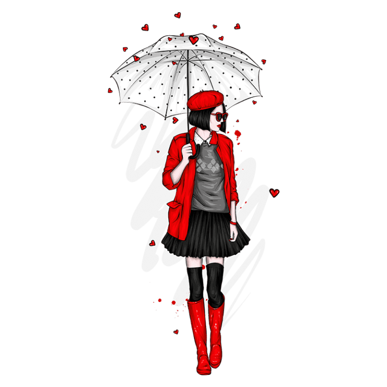 Ilustração de uma mulher estilosa com guarda-chuva branco e poás, vestindo um blazer vermelho, camiseta cinza e saia preta. Ela usa botas vermelhas e óculos escuros, caminhando entre corações vermelhos em um fundo verde.