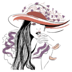 Ilustração de uma mulher elegante usando um chapéu grande, com cabelo longo e solto. Ela faz uma pose pensativa, com uma mão tocando o rosto, adornada com braceletes. O fundo é simples, destacando os detalhes do chapéu e da expressão da mulher. Ideal para temas de moda e estilo.