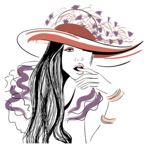 Ilustração de uma mulher elegante usando um chapéu grande, com cabelo longo e solto. Ela faz uma pose pensativa, com uma mão tocando o rosto, adornada com braceletes. O fundo é simples, destacando os detalhes do chapéu e da expressão da mulher. Ideal para temas de moda e estilo.