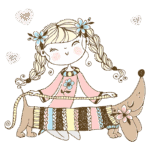 Ilustração de uma menina sorridente com tranças, vestindo um suéter rosa, acariciando um cachorro que usa um suéter colorido. O fundo possui corações, transmitindo um clima de amor e amizade entre crianças e animais de estimação.