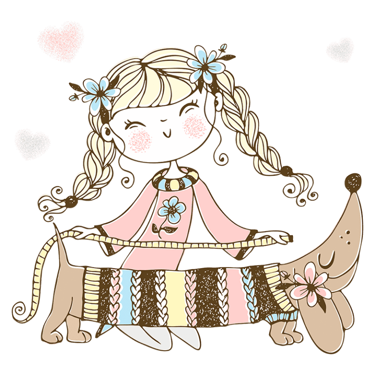 Ilustração de uma menina sorridente com tranças, vestindo um suéter rosa, acariciando um cachorro que usa um suéter colorido. O fundo possui corações, transmitindo um clima de amor e amizade entre crianças e animais de estimação.