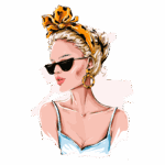 Ilustração de uma mulher elegante com cabelo loiro preso, usando um lenço laranja com estampa de onça, óculos escuros e brincos grandes. A arte destaca um estilo moderno e sofisticado.