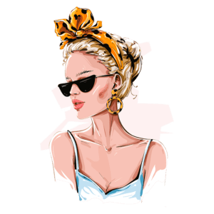 Ilustração de uma mulher elegante com cabelo loiro preso, usando um lenço laranja com estampa de onça, óculos escuros e brincos grandes. A arte destaca um estilo moderno e sofisticado.