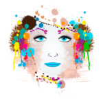 Ilustração artística de um rosto feminino com olhos azuis e lábios azulados, cercado por manchas coloridas em tons vibrantes de rosa, amarelo, verde e azul, representando criatividade e expressão artística.
