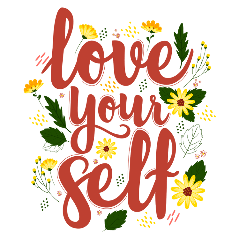 Ilustração com a frase "love your self" em letras cursivas, adornada por flores amarelas e folhas verdes, promovendo a autoestima e o autocuidado.