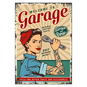 Imagem de um cartaz vintage de um garage, apresentando uma mecânica feminina com uma chave inglesa. O design inclui texto como "Bem-vindo ao Garage", "Peças Personalizadas Originais", "Serviço e Reparação" e "Mecânico 24/7 de Plantão". O fundo possui raios em estilo retrô, destacando a temática de reparos e manutenção automotiva.