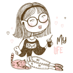 Ilustração de uma jovem mulher sorridente, usando óculos grandes e fones de ouvido, segurando um smartphone e um copo com bebida. Ela está sentada no chão, com um gato ao seu lado, e a frase "My Life" está escrita ao lado. O fundo é verde, com corações ao redor, transmitindo uma sensação de aconchego e alegria.