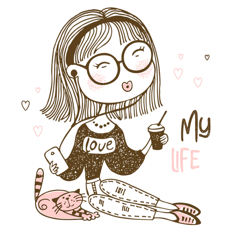Ilustração de uma jovem mulher sorridente, usando óculos grandes e fones de ouvido, segurando um smartphone e um copo com bebida. Ela está sentada no chão, com um gato ao seu lado, e a frase "My Life" está escrita ao lado. O fundo é verde, com corações ao redor, transmitindo uma sensação de aconchego e alegria.