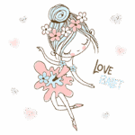 Ilustração de uma bailarina com vestido rosa e detalhes florais, dançando em meio a corações. O texto "Love Ballet" destaca a paixão pela dança. Ideal para conteúdo relacionado a balé e arte.