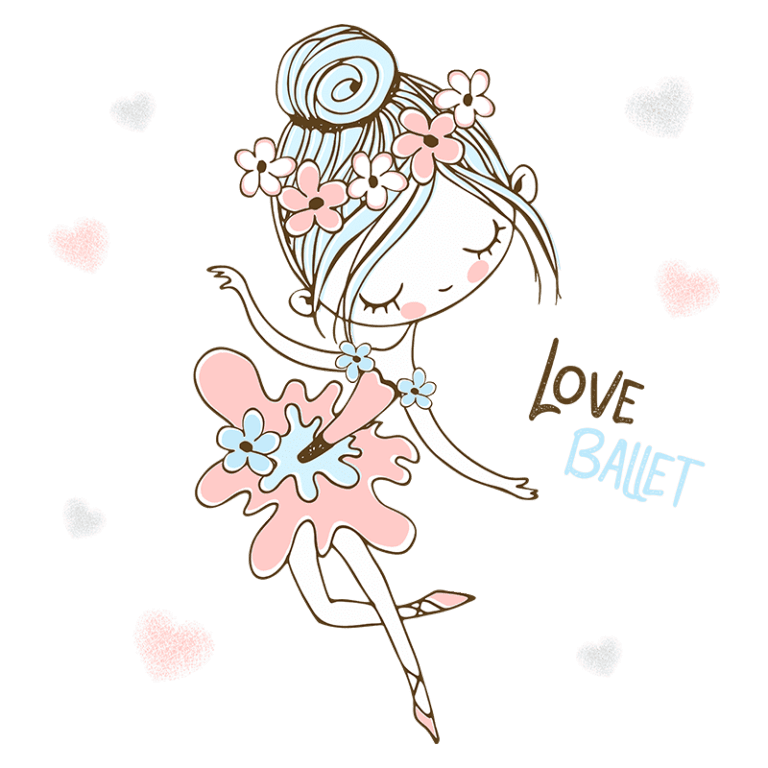 Ilustração de uma bailarina com vestido rosa e detalhes florais, dançando em meio a corações. O texto "Love Ballet" destaca a paixão pela dança. Ideal para conteúdo relacionado a balé e arte.